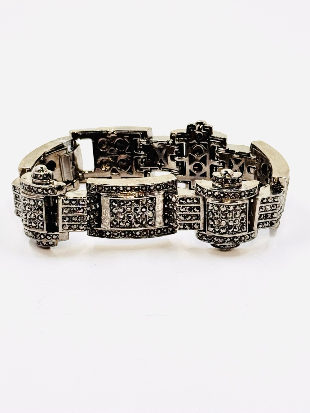 Men’s Gunmetal Tone Heavy Marcasite Iced Out Bling Link Bracelet 9” NWOT
